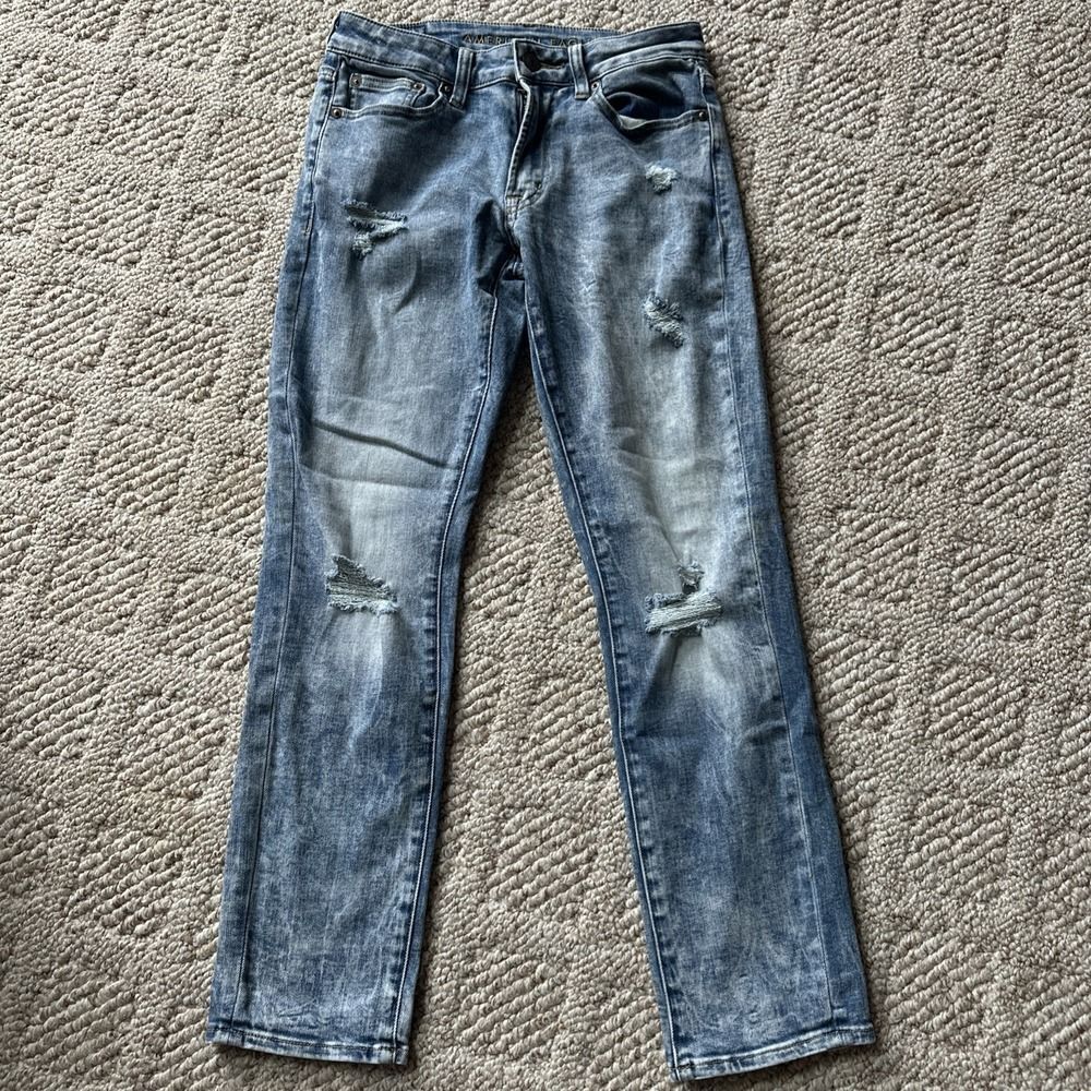 American Eagle Jeans Mens 28x28 Blue‎ Skinny Next Level Flex Washed Distressed